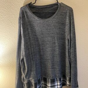 Gray Long Sleeve Top with Plaid Hem